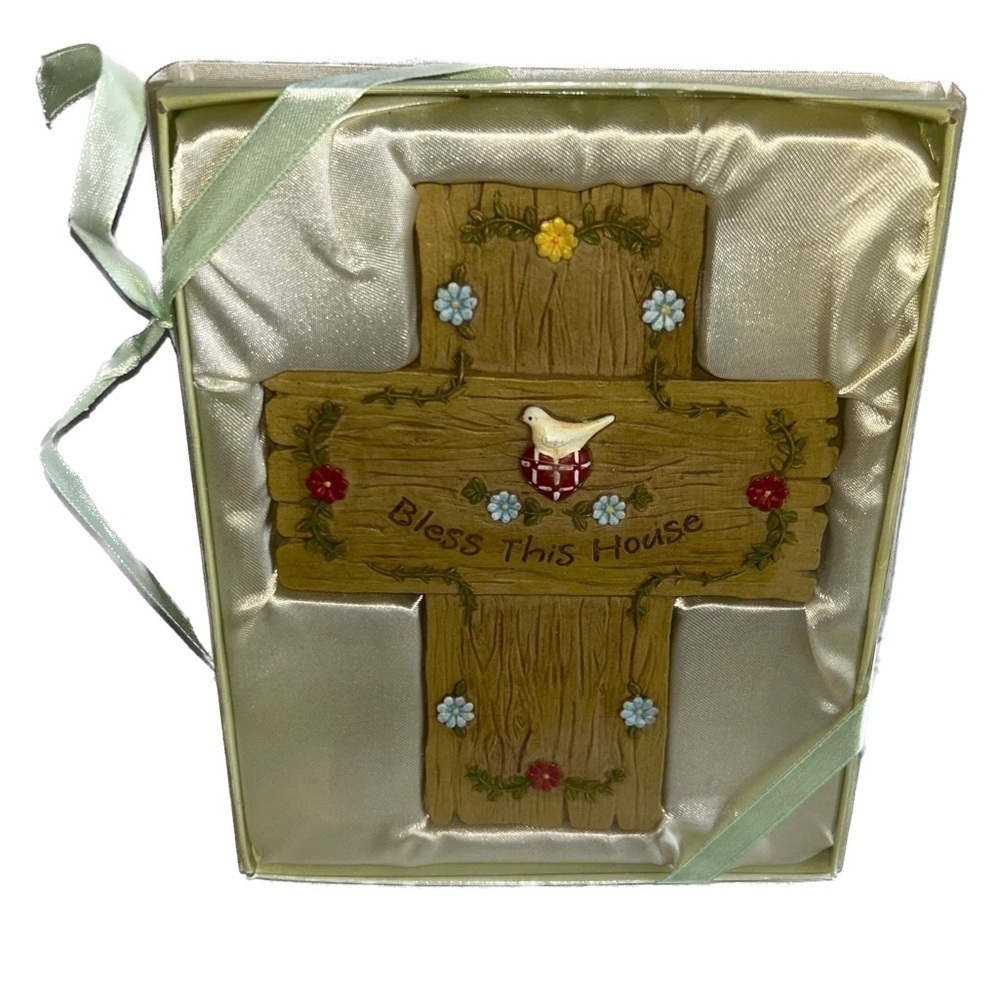 Russ Berrie I Believe Bless This House Decorative Cross 6in Floral Hearts Dove